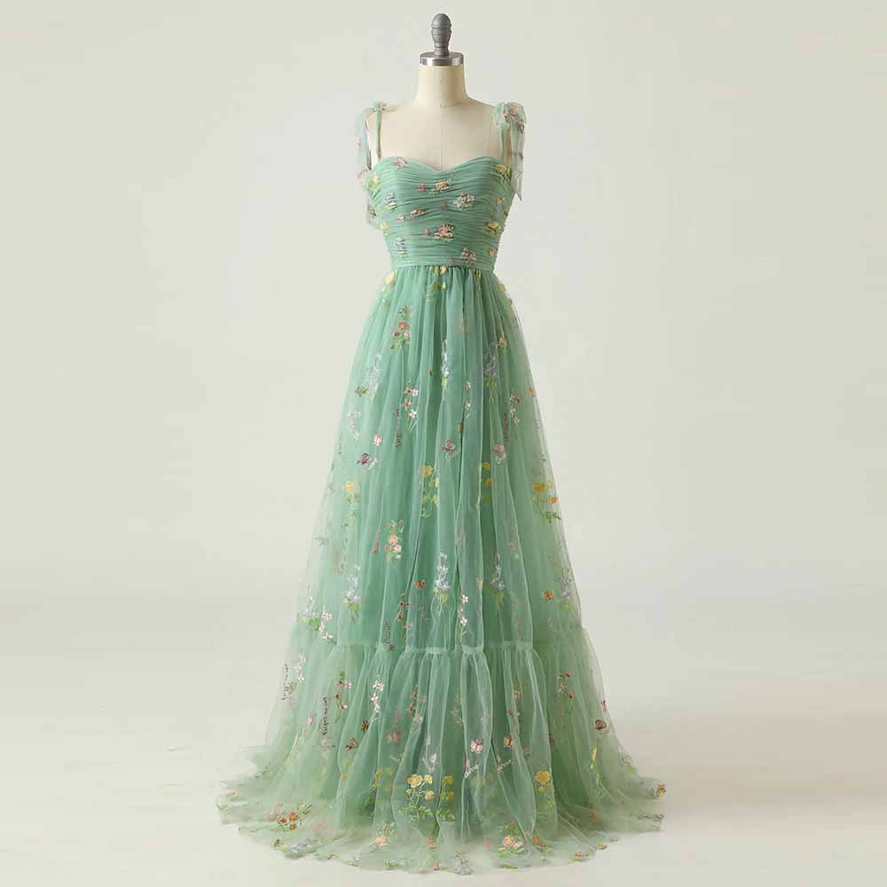 Cute A Line Spaghetti Straps Sage green Prom Dress with Embroidery