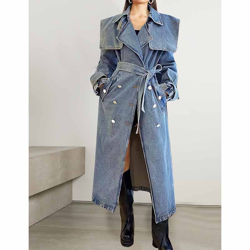 Long length denim coat lace up  jean coat  for women