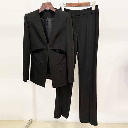 Women Cut Out Fitted Blazer + Mid-High Rise Slim fit Flare Trousers Pants Suit Wedding Suit