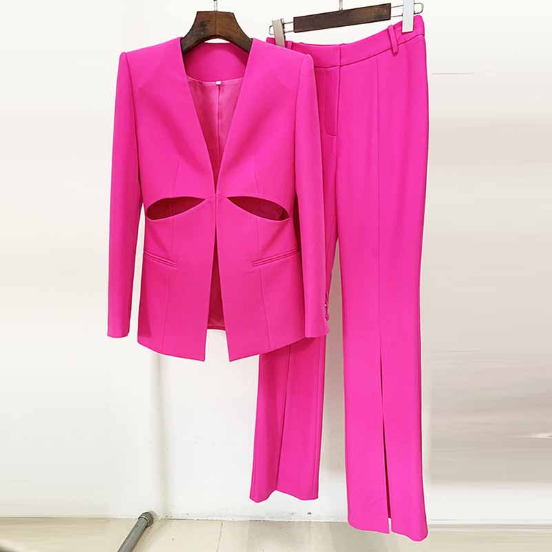 Women Cut Out Fitted Blazer + Mid-High Rise Slim fit Flare Trousers Pants Suit Wedding Suit