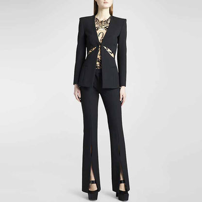 Women Cut Out Fitted Blazer + Mid-High Rise Slim fit Flare Trousers Pants Suit Wedding Suit