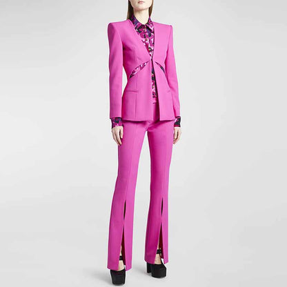 Women Cut Out Fitted Blazer + Mid-High Rise Slim fit Flare Trousers Pants Suit Wedding Suit