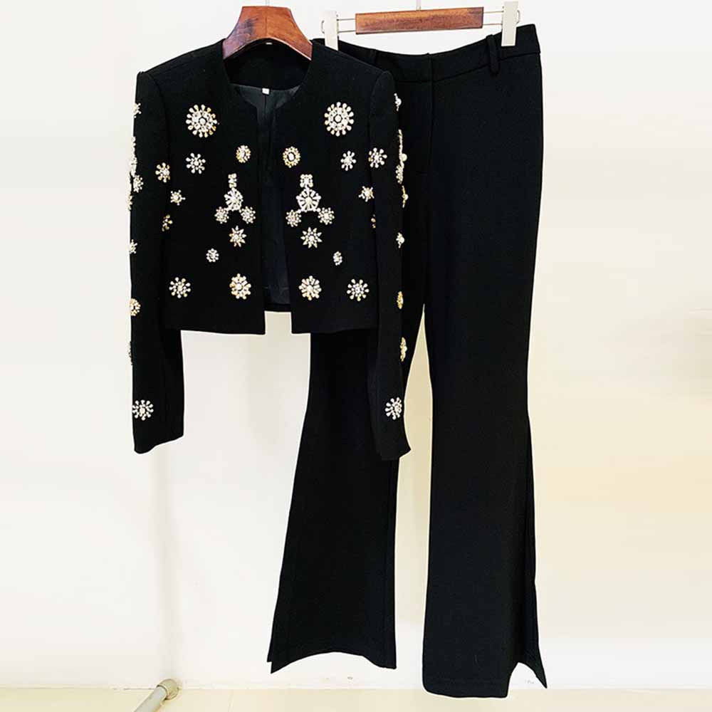 Womens Pantsuit Hand Sewn Pearls Jewellery Crop Blazer Jacket + Flare Trousers Side Slit Pants Suit