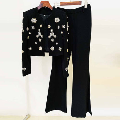 Womens Pantsuit Hand Sewn Pearls Jewellery Crop Blazer Jacket + Flare Trousers Side Slit Pants Suit