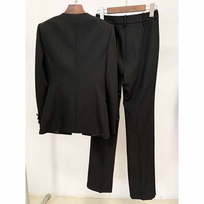 Women Cut Out Fitted Blazer + Mid-High Rise Slim fit Flare Trousers Pants Suit Wedding Suit