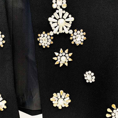 Womens Pantsuit Hand Sewn Pearls Jewellery Crop Blazer Jacket + Flare Trousers Side Slit Pants Suit