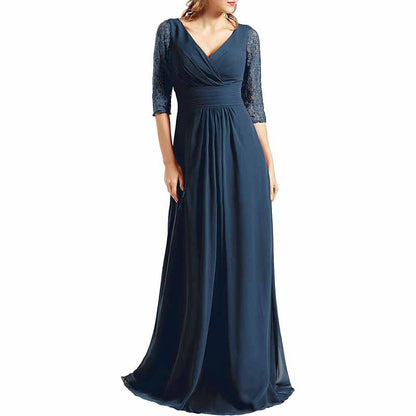 Women Bridesmaid Dress V Neck 3/4 Sleeves Long Wedding Party Mother Bride Dresses Gown