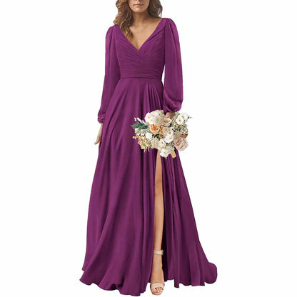 Long Sleeve Chiffon Bridesmaid Dresses V-Neck Long Evening Dress Formal Gown