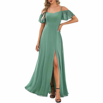 Women's Off Shoulder Short Sleeve Split A-Line Floor Length Bridesmaid Dresses