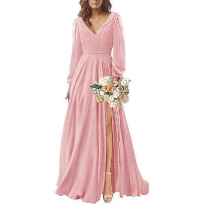 Long Sleeve Chiffon Bridesmaid Dresses V-Neck Long Evening Dress Formal Gown