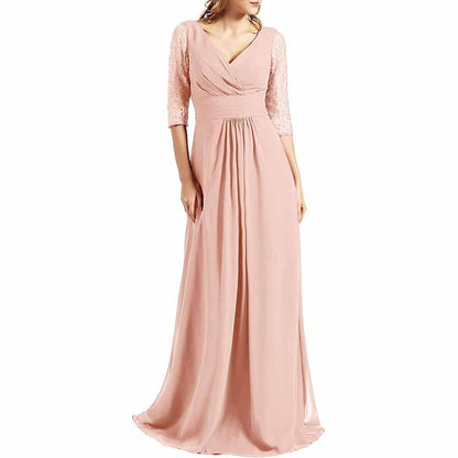 Women Bridesmaid Dress V Neck 3/4 Sleeves Long Wedding Party Mother Bride Dresses Gown