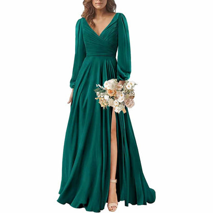 Long Sleeve Chiffon Bridesmaid Dresses V-Neck Long Evening Dress Formal Gown