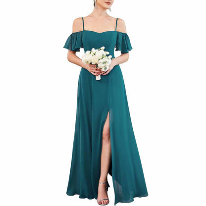 Women's Off Shoulder Short Sleeve Split A-Line Floor Length Bridesmaid Dresses