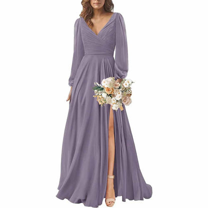 Long Sleeve Chiffon Bridesmaid Dresses V-Neck Long Evening Dress Formal Gown