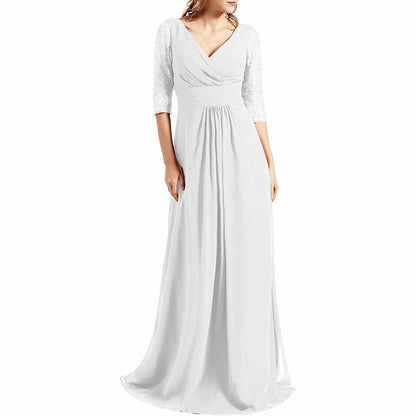 Women Bridesmaid Dress V Neck 3/4 Sleeves Long Wedding Party Mother Bride Dresses Gown