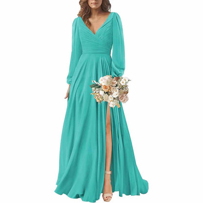 Long Sleeve Chiffon Bridesmaid Dresses V-Neck Long Evening Dress Formal Gown