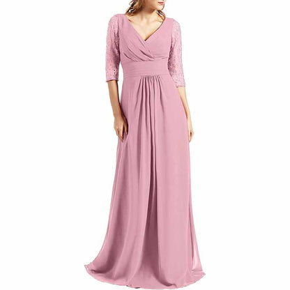 Women Bridesmaid Dress V Neck 3/4 Sleeves Long Wedding Party Mother Bride Dresses Gown