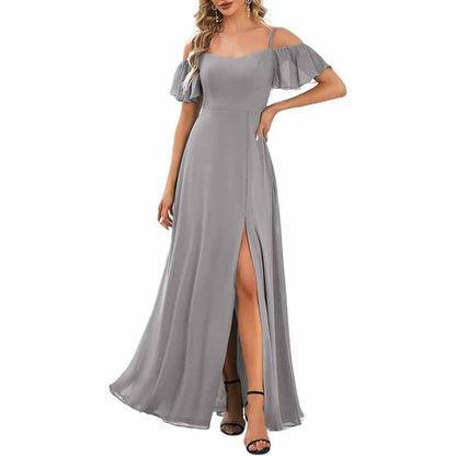 Women's Off Shoulder Short Sleeve Split A-Line Floor Length Bridesmaid Dresses