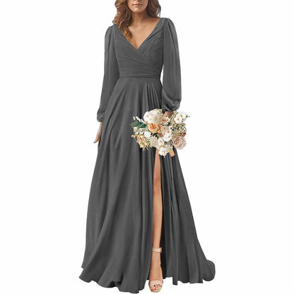Long Sleeve Chiffon Bridesmaid Dresses V-Neck Long Evening Dress Formal Gown