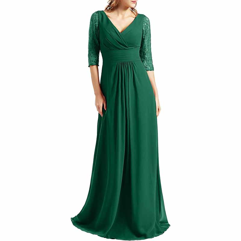 Women Bridesmaid Dress V Neck 3/4 Sleeves Long Wedding Party Mother Bride Dresses Gown