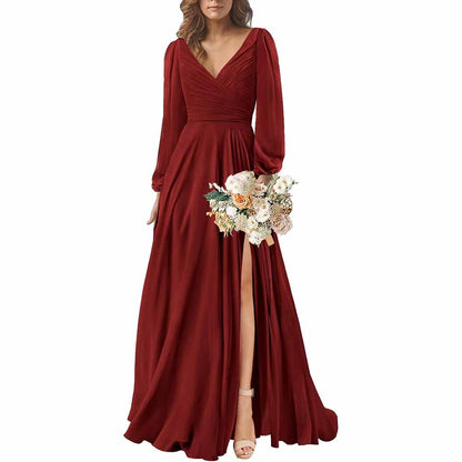 Long Sleeve Chiffon Bridesmaid Dresses V-Neck Long Evening Dress Formal Gown