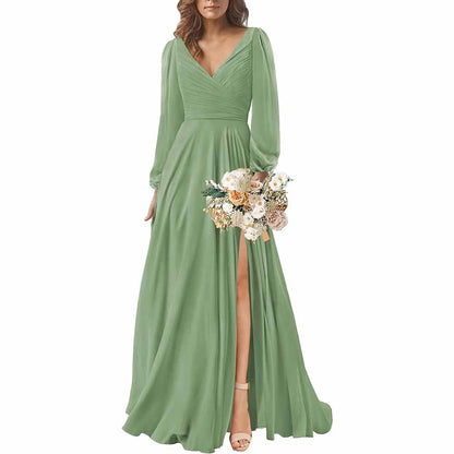 Long Sleeve Chiffon Bridesmaid Dresses V-Neck Long Evening Dress Formal Gown