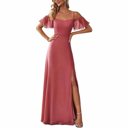 Women's Off Shoulder Short Sleeve Split A-Line Floor Length Bridesmaid Dresses