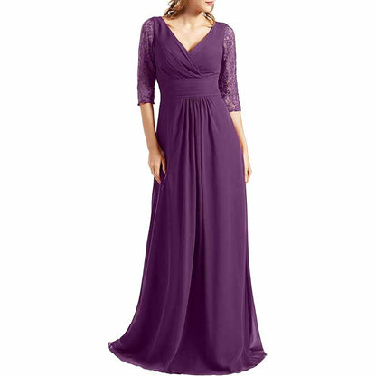 Women Bridesmaid Dress V Neck 3/4 Sleeves Long Wedding Party Mother Bride Dresses Gown