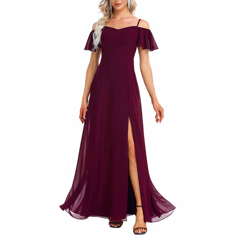 Women's Off Shoulder Short Sleeve Split A-Line Floor Length Bridesmaid Dresses