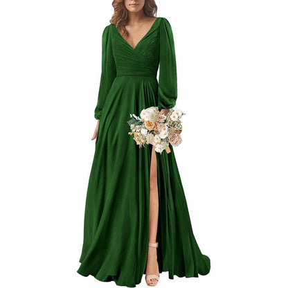 Long Sleeve Chiffon Bridesmaid Dresses V-Neck Long Evening Dress Forma SD Dresscode & Fashiontrends Long Sleeve Chiffon Bridesmaid Dresses V-Neck Long Evening Dress Forma SD Dresscode & Fashiontrends