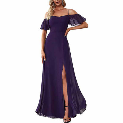Women's Off Shoulder Short Sleeve Split A-Line Floor Length Bridesmaid Dresses
