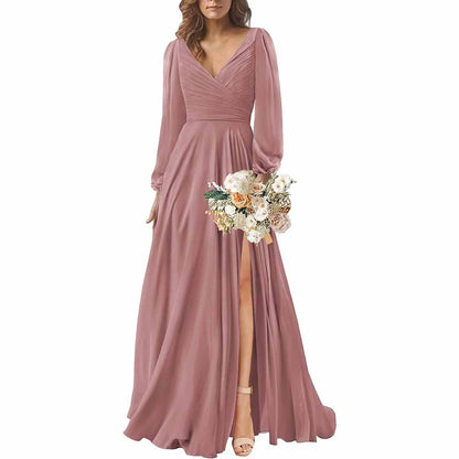 Long Sleeve Chiffon Bridesmaid Dresses V-Neck Long Evening Dress Formal Gown