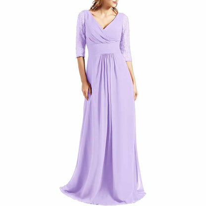Women Bridesmaid Dress V Neck 3/4 Sleeves Long Wedding Party Mother Bride Dresses Gown