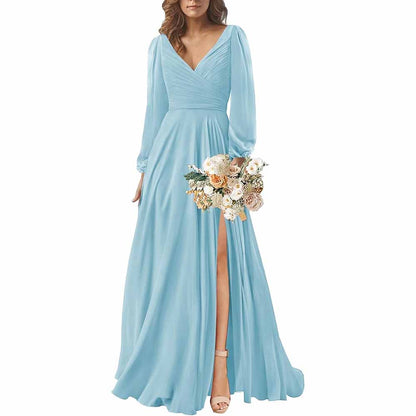 Long Sleeve Chiffon Bridesmaid Dresses V-Neck Long Evening Dress Formal Gown