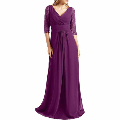 Women Bridesmaid Dress V Neck 3/4 Sleeves Long Wedding Party Mother Bride Dresses Gown