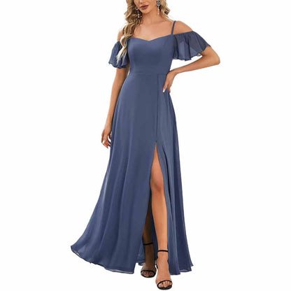 Women's Off Shoulder Short Sleeve Split A-Line Floor Length Bridesmaid Dresses