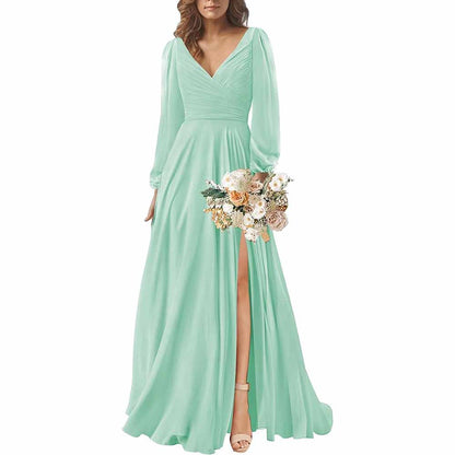 Long Sleeve Chiffon Bridesmaid Dresses V-Neck Long Evening Dress Formal Gown