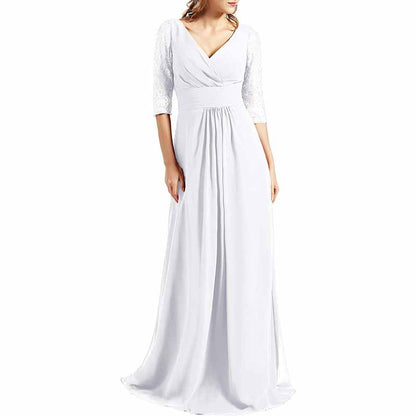 Women Bridesmaid Dress V Neck 3/4 Sleeves Long Wedding Party Mother Bride Dresses Gown