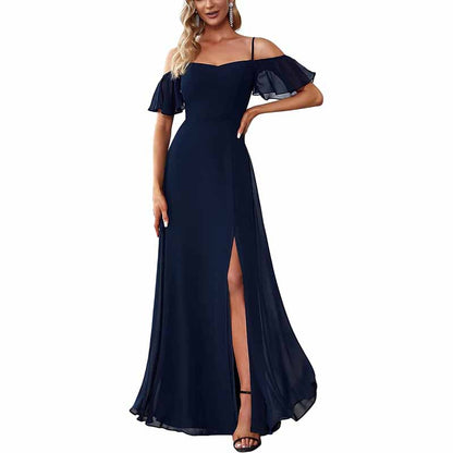 Women's Off Shoulder Short Sleeve Split A-Line Floor Length Bridesmaid Dresses
