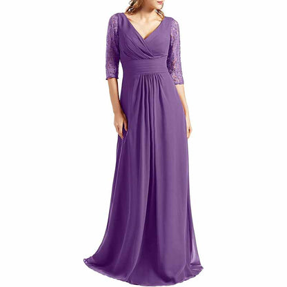 Women Bridesmaid Dress V Neck 3/4 Sleeves Long Wedding Party Mother Bride Dresses Gown