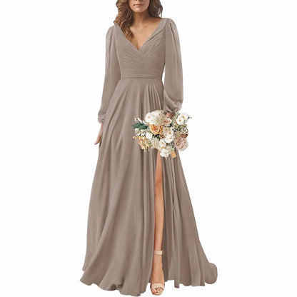 Long Sleeve Chiffon Bridesmaid Dresses V-Neck Long Evening Dress Formal Gown