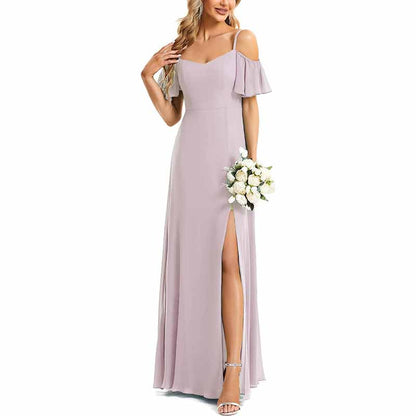 Women's Off Shoulder Short Sleeve Split A-Line Floor Length Bridesmaid Dresses