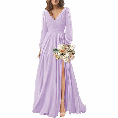 Long Sleeve Chiffon Bridesmaid Dresses V-Neck Long Evening Dress Formal Gown
