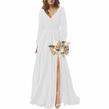 Long Sleeve Chiffon Bridesmaid Dresses V-Neck Long Evening Dress Formal Gown