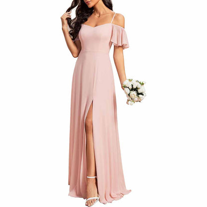 Women's Off Shoulder Short Sleeve Split A-Line Floor Length Bridesmaid Dresses