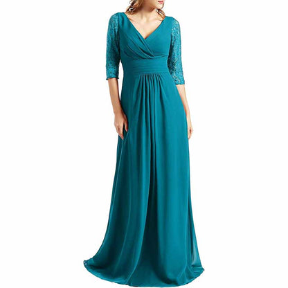 Women Bridesmaid Dress V Neck 3/4 Sleeves Long Wedding Party Mother Bride Dresses Gown