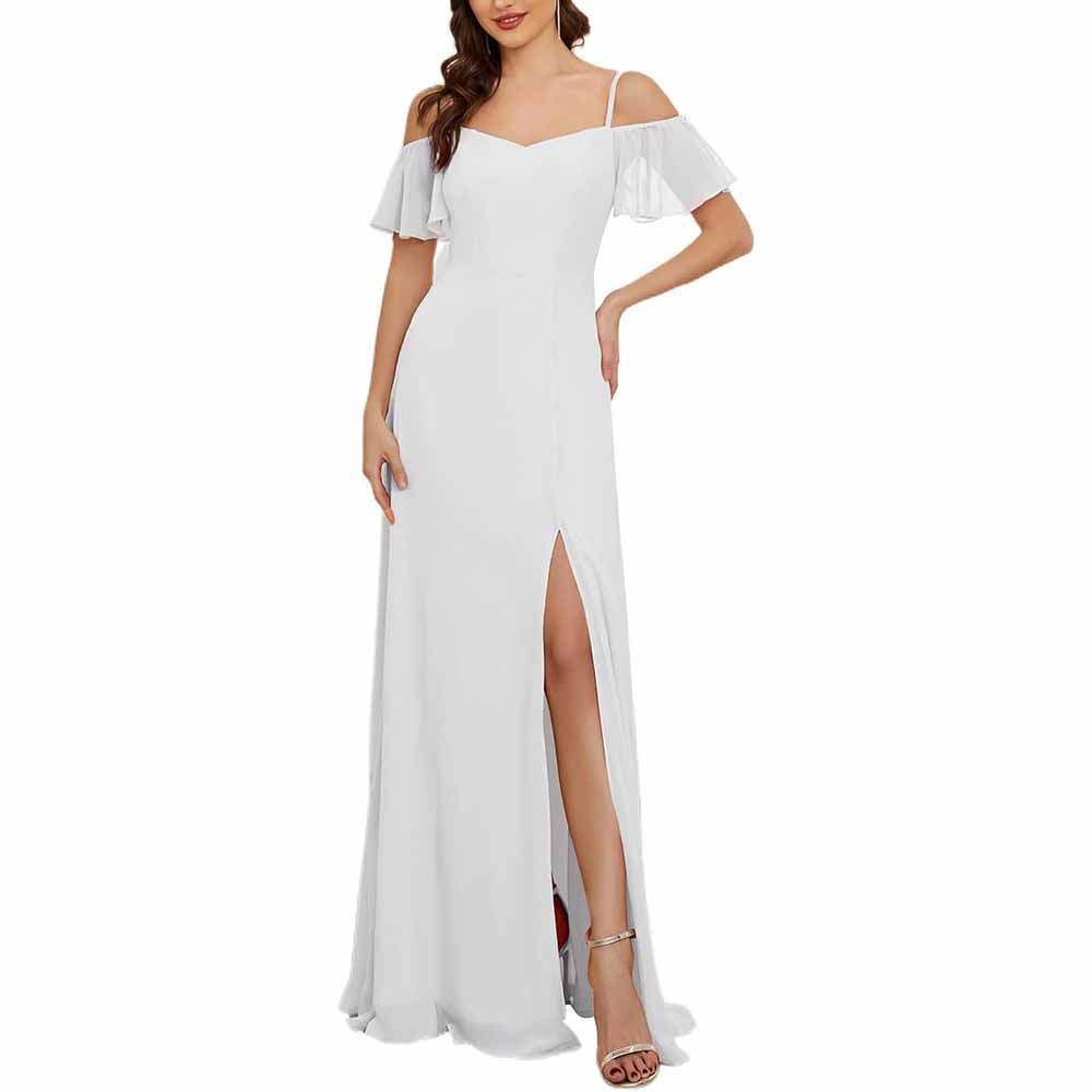 Women's Off Shoulder Short Sleeve Split A-Line Floor Length Bridesmaid Dresses
