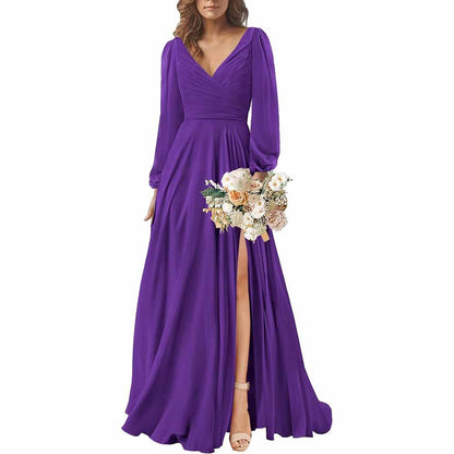 Long Sleeve Chiffon Bridesmaid Dresses V-Neck Long Evening Dress Formal Gown