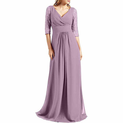 Women Bridesmaid Dress V Neck 3/4 Sleeves Long Wedding Party Mother Bride Dresses Gown