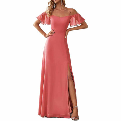Women's Off Shoulder Short Sleeve Split A-Line Floor Length Bridesmaid Dresses